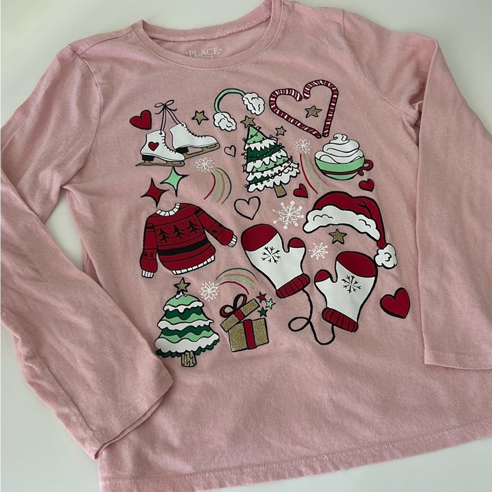 🎄 Christmas & Gold Sparkle Girls a Pink Long Sleeve Shirt